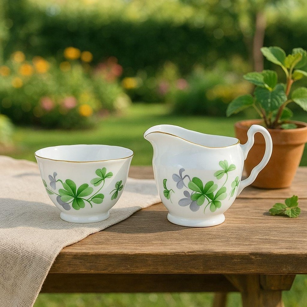 Vintage Adderley Bone China Creamer Sugar Bowl Clover Gold Trim